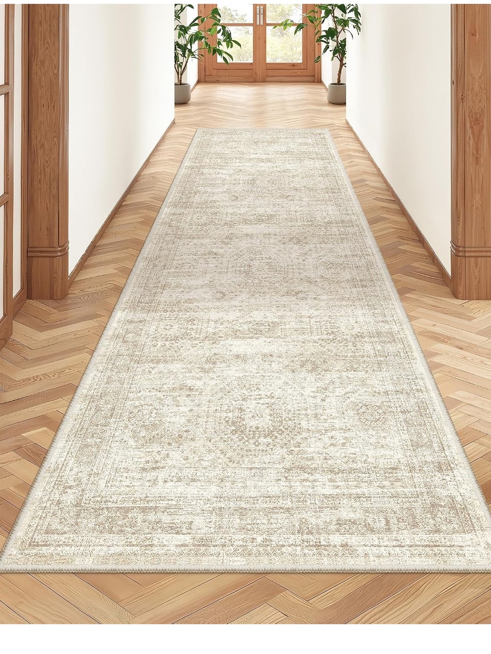 Cream and Tan Vintage Inspired Low Pile Runner Rug 2’ by 7’ Washable New